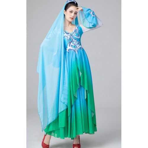 Turquoise Xinjiang dance dresses for Women Chinese Folk dance costumes female minority ethnic style Uighur performance clothes